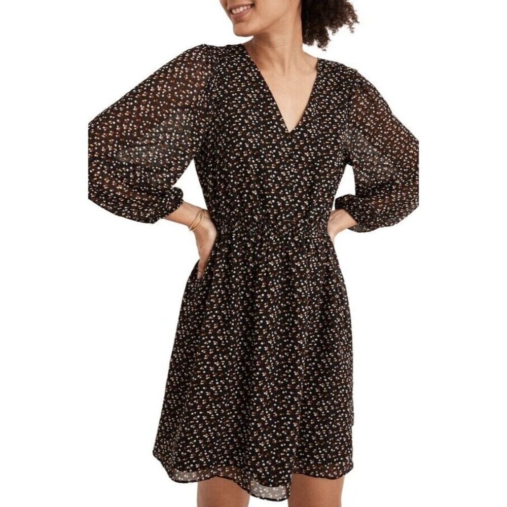 Madewell V-Neck Sheer Long Sleeve Smocked Waist Black Minidress Womens Size L